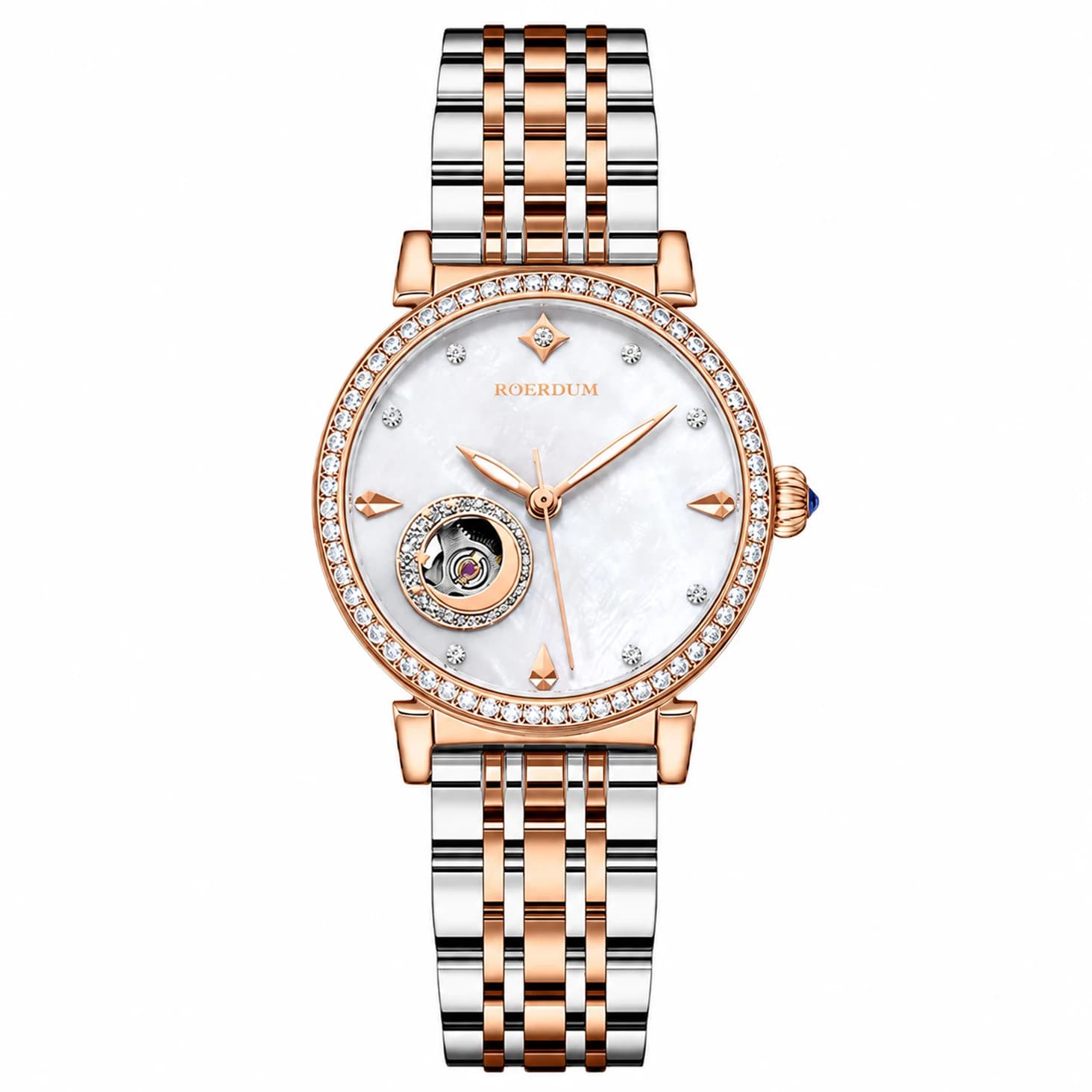ROERDUM Luxury Automatic Watches for Woman Mother of Pearl Dial Hardlex Butterfly Buckle 3ATM Diamond-Set Watch High-end Gift