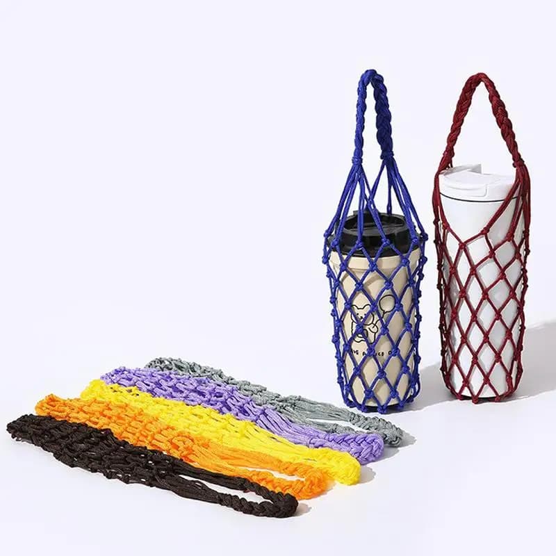 Portable Hand Woven Mesh Bag Hollow Out Handheld Coffee Bag Reusable Water Cup Bag