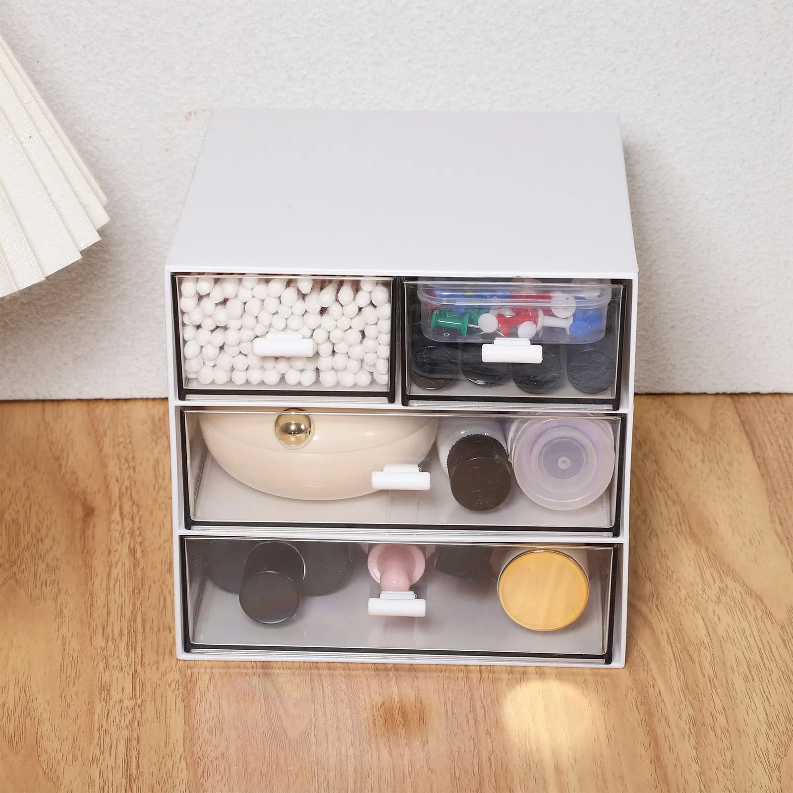Organizer da Scrivania a Tre Livelli con Quattro Cassetti Trasparenti, Stile Elegante per Gioielli, Trucchi, Cancelleria