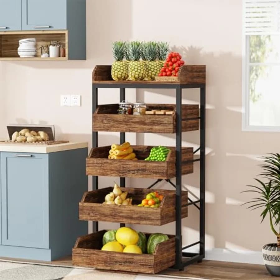 Tribesigns Scaffale in Legno a 5 Ripiani Estraibile per Frutta e Verdura, Cesto Portafrutta, Organizzatore Multiuso per Cucina