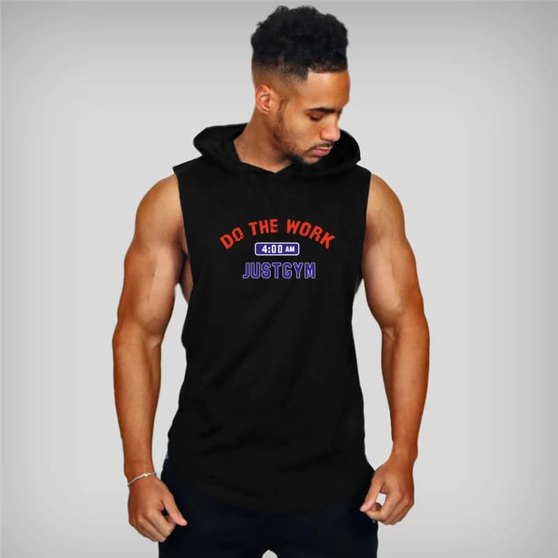 DO THE WORK Mens Hooded Running Vests Gym Stringer Singlets Summer Bodybuilding Clothing Cotton Sports Sleeveless Hoodies Shirt