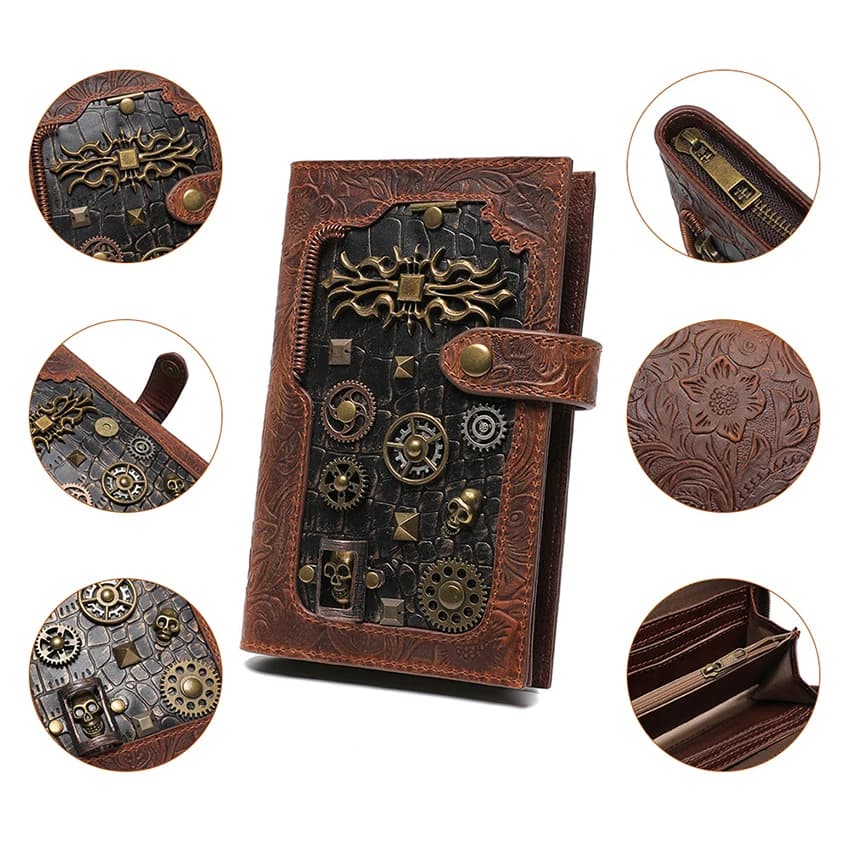 Genuine Leather Steampunk Retro Clutch Gothic Anime Men's Wallet Purse Briefcase Mechanical Backpack Card Bag Purse for Woman
