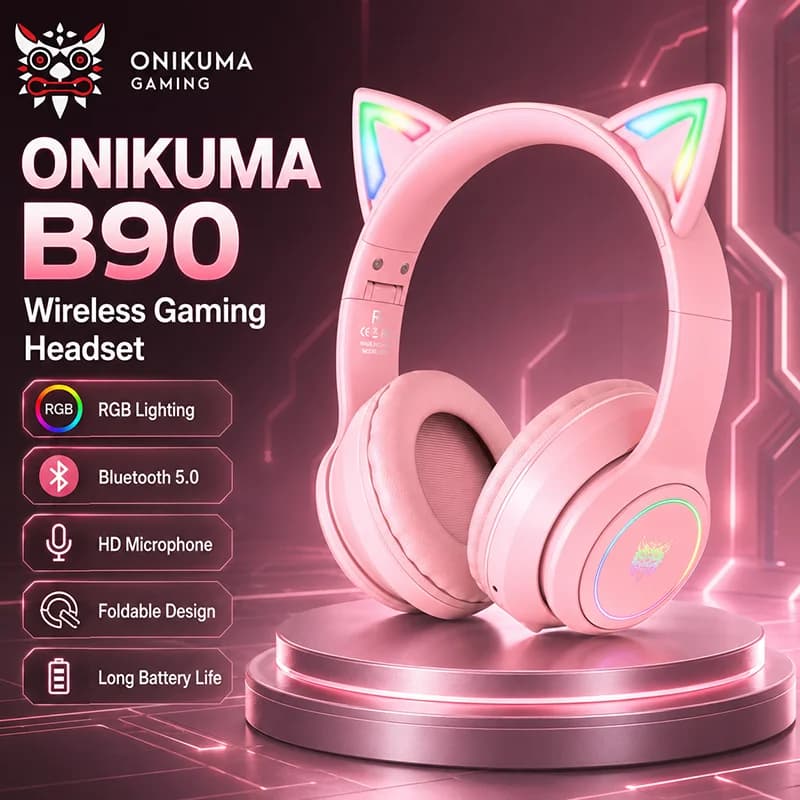 Onikuma B90 Pink Cat Ear Gaming Headset RGB Bluetooth 5.0 Foldable Wireless Headphones With HD Mic For PC Laptop Mobile Gaming