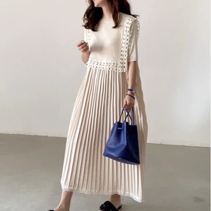 Summer Maxi Dress Women Vintage Hollow O Neck Short Sleeve Ruch Spliced A Line Skirt Pleated Dress Beach Holiday Preppy Student