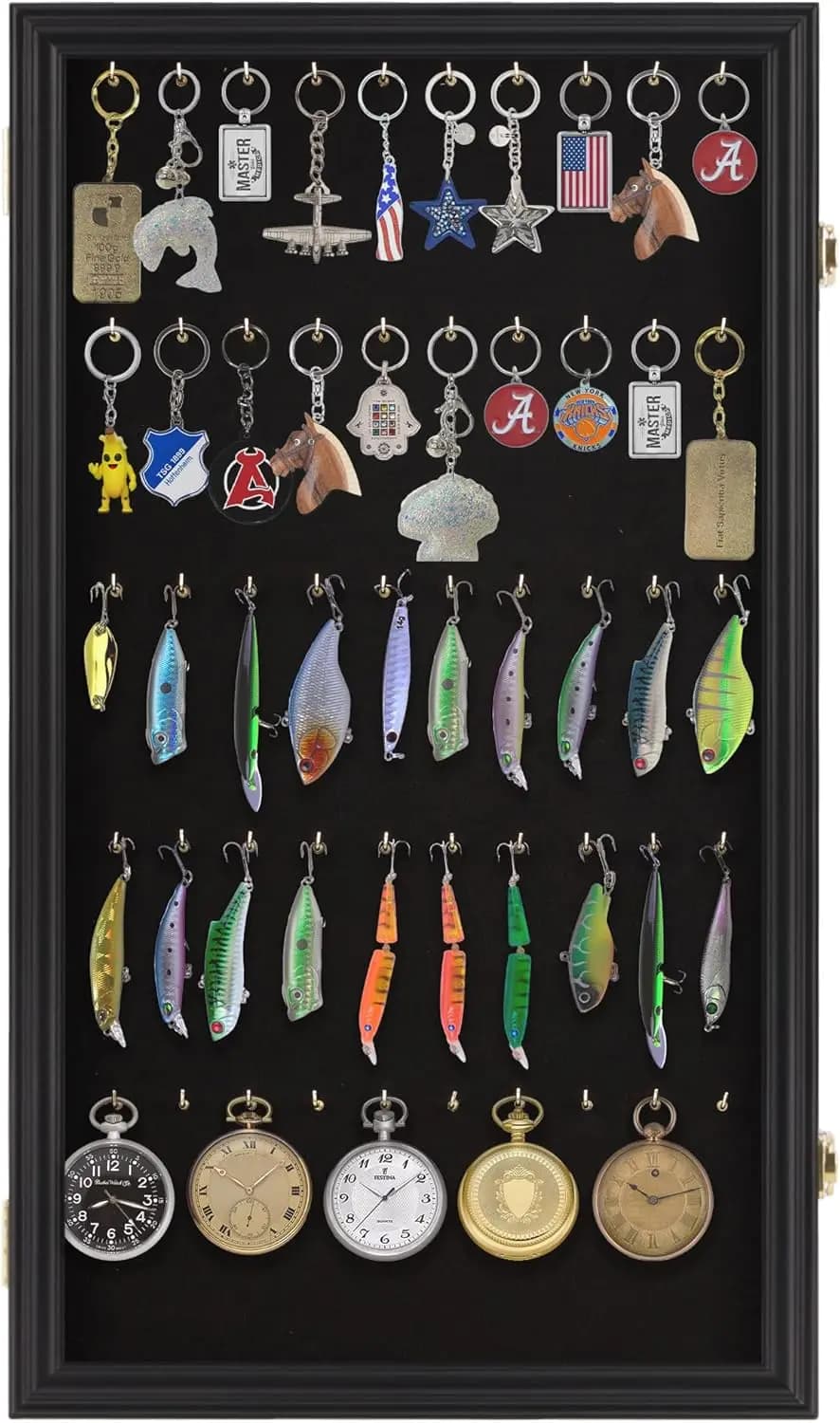 Espositore da Parete per Portachiavi, Esche da Pesca, Orologi da Tasca - Vetrina con Serratura, Nera