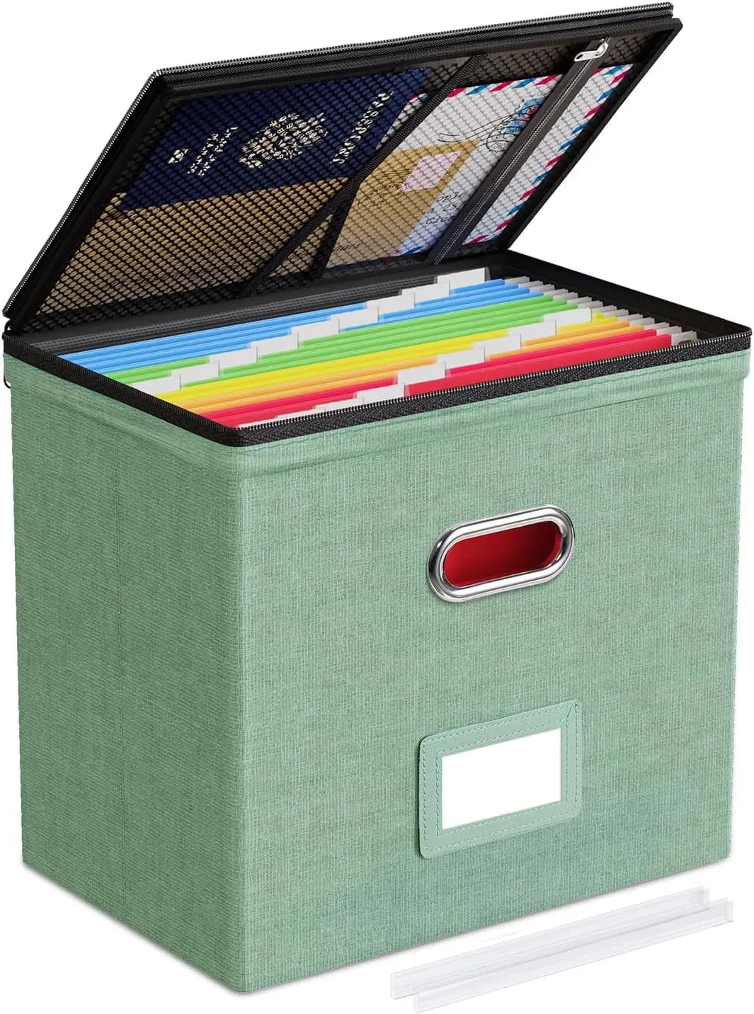 Scatola organizer per documenti con coperchio, tasche in rete, cerniere per l'organizzazione di casa, ufficio e scuola - Verde