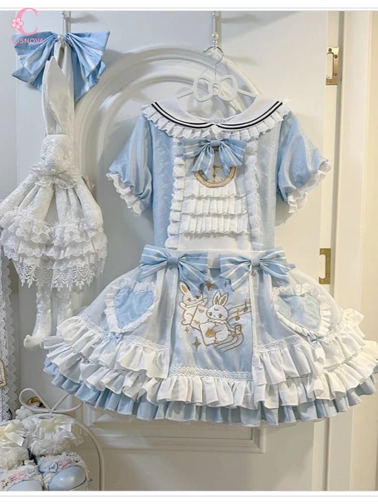 Abito Lolita Tema Sweet Alice da Donna, Blu Chiaro con Colletto alla Marinara, Ricamo Coniglietto, Gonna a Strati a Torta, Outfit Kawaii per Tea Party