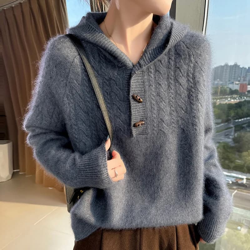 100% puro visone cashmere lavorato a maglia maglione con cappuccio colletto con cappuccio da donna pullover allentato moda twist felpa con cappuccio a maniche lunghe cappotto spesso