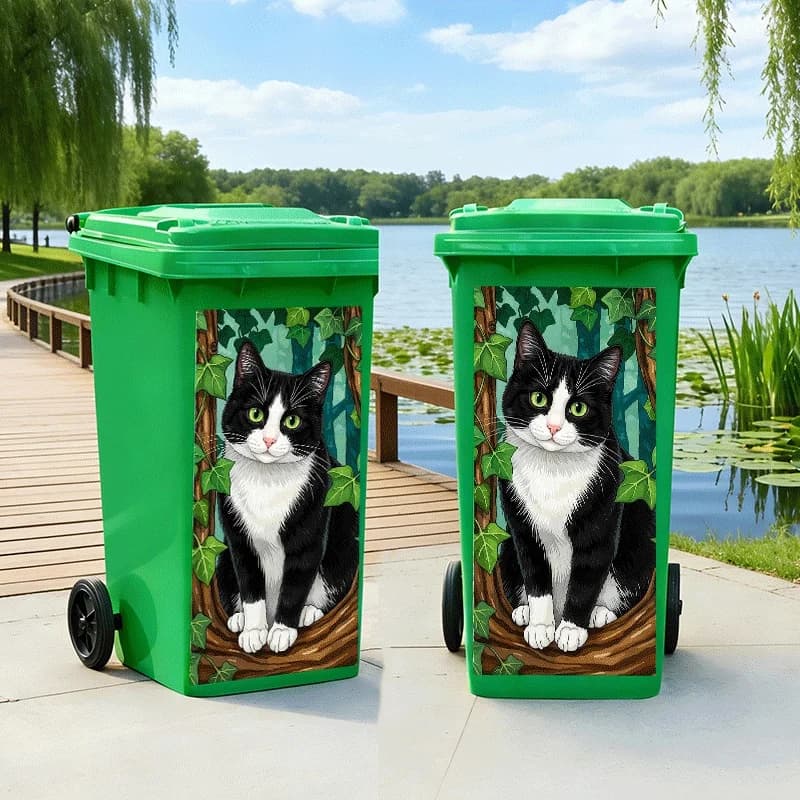 1Pc 2D Flat Forest Cat Trash Can Decal Cute Overlooking Cat Self‑Adhesive Healing Home Decor