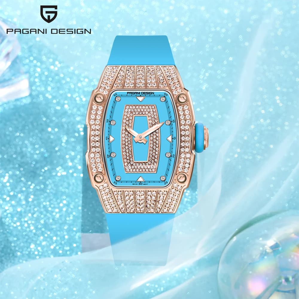PAGANI DESIGN Orologio da donna di lusso con diamanti tempestati di diamanti Orologio da donna con custodia a secchiello per vino luminoso in gomma alla moda + confezione regalo