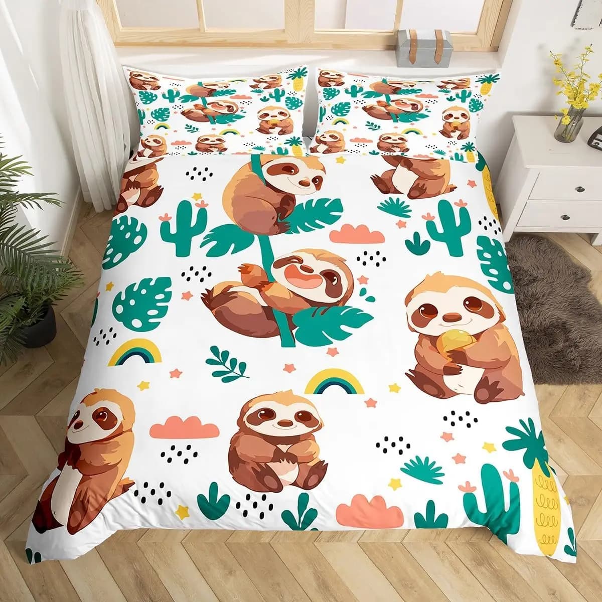 Set bradype bed linen Cover with animals Kawaii for boys and girls, duvet cover with botanical flowers Cover for wild cartoon animals