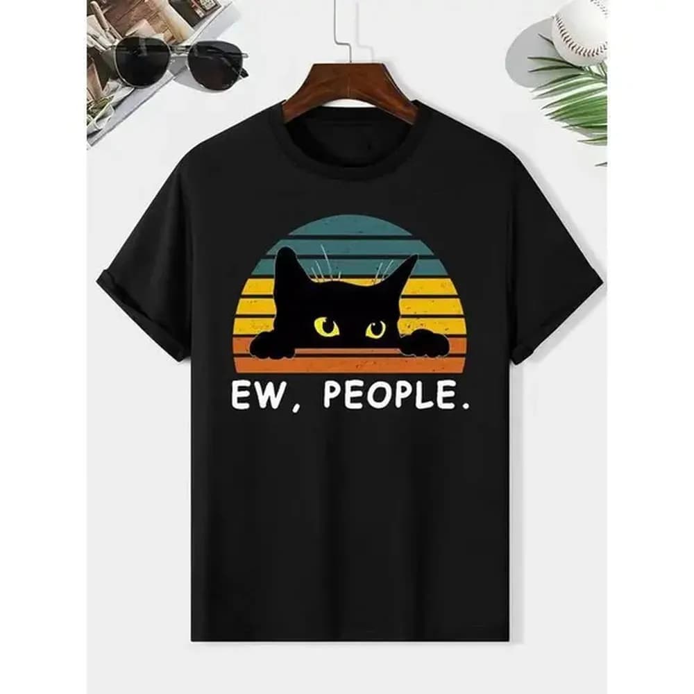 100% Cotton Men'S Casual Round Neck Tee – Fun Cat & Letter Print For Effortless Summer Fashion Golf Gift T-Shirt For Men And Women