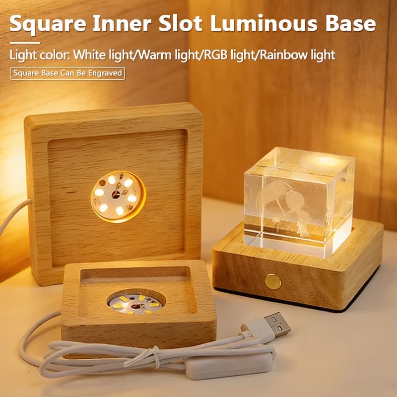 Base Luminosa LED 6/8/10CM; Base in Legno Massiccio con Scanalatura Interna Quadrata; Base Cubica con Interfaccia di Alimentazione USB