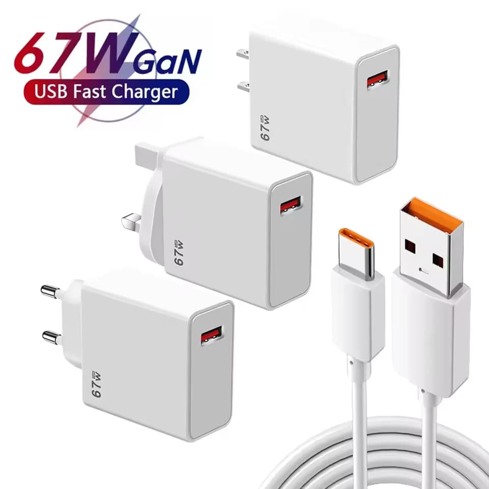 67W USB Quick Charge 3.0 Mobile Phone Adapter For iPhone 16 Pro Max Huawei Samsung Xiaomi 15 Fast Charging Charger With 6A Cable