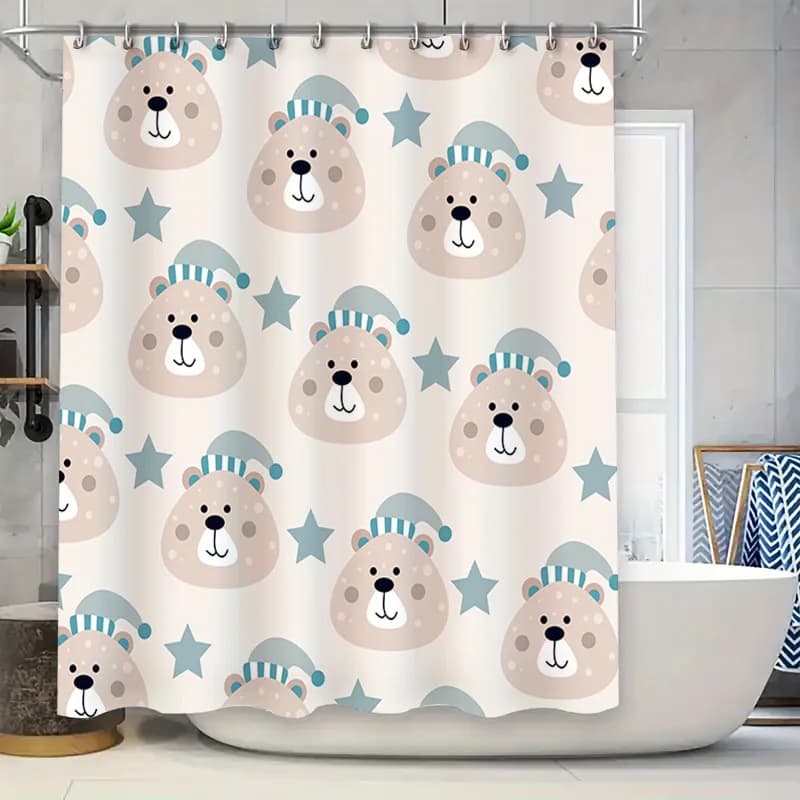 Tenda da doccia con motivo orso carino per la decorazione domestica Accessori da bagno impermeabili Design a strisce bianche e blu