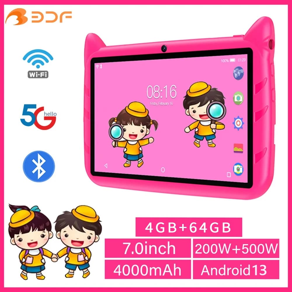 BDF Tablet for children from 7 inch Android 13, 4 GB of RAM 64 GB of ROM, 1 TB expansion, 5 GB WiFi, 4000 MAH battery, double camera, children gift software