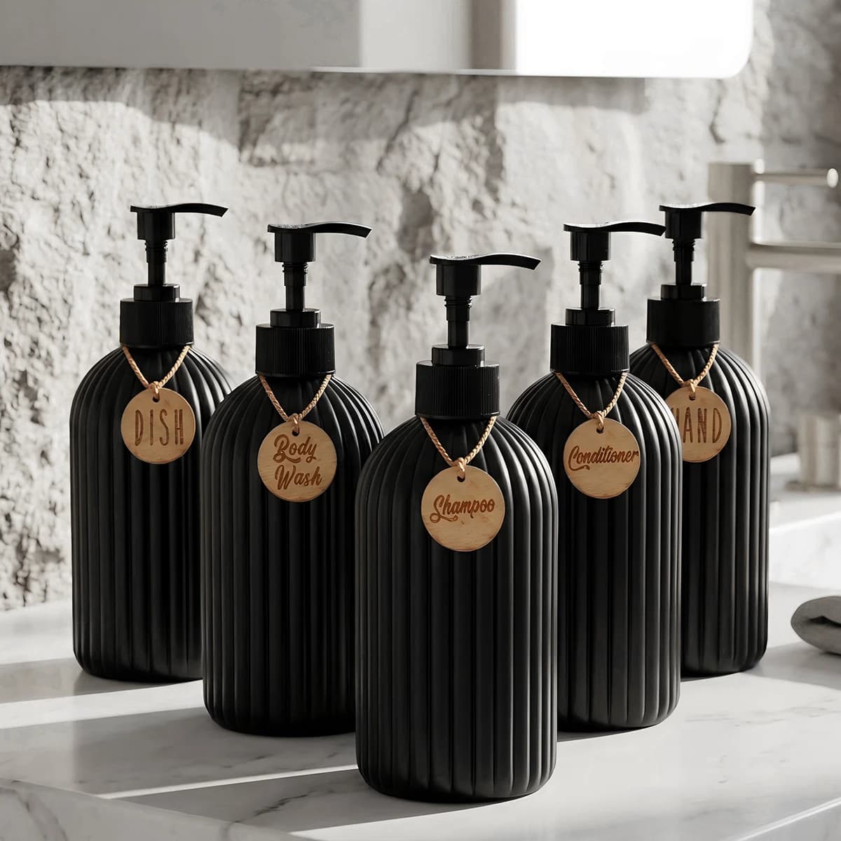 Matte Black Soap Disenser with Tags-16oz Ribbed Plastic Refillable Bathroom Bottles for Shampoo Conditioner Body Wash Container