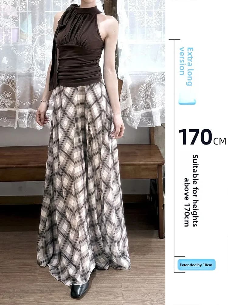 Gonna Midi a Vita Alta Asimmetrica in Chiffon a Quadri, Nuova Collezione Primavera Donna, Versatile, Traspirante, Casual