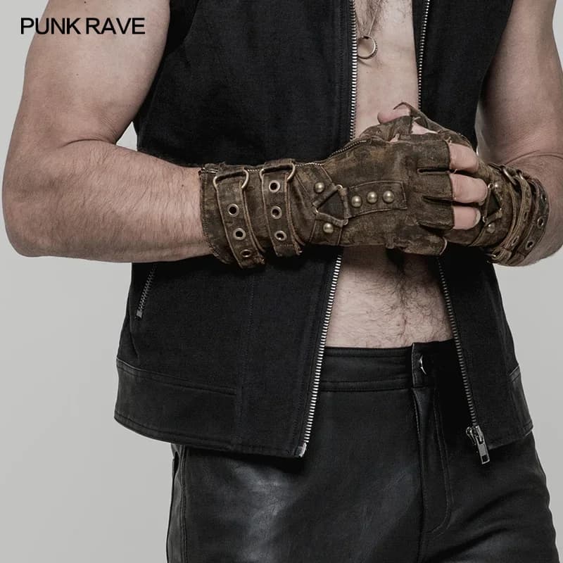PUNK RAVR Steampunk Uomo Rivetti Guanti senza dita Eelastic PU Stile militare Moto Un paio Guanto militare gotico Dieselpunk