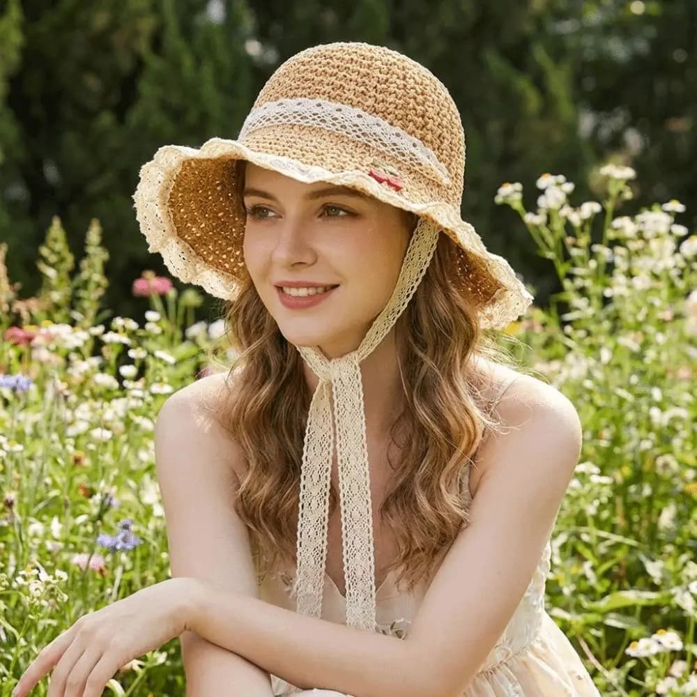 Cappello da Sole Casual da Donna Ricamato con Ciliegie, in Paglia Intrecciata, Tinta Unita, con Pizzo, Pieghevole, Stile Pescatore/Bucket, con Visiera, per Vacanze