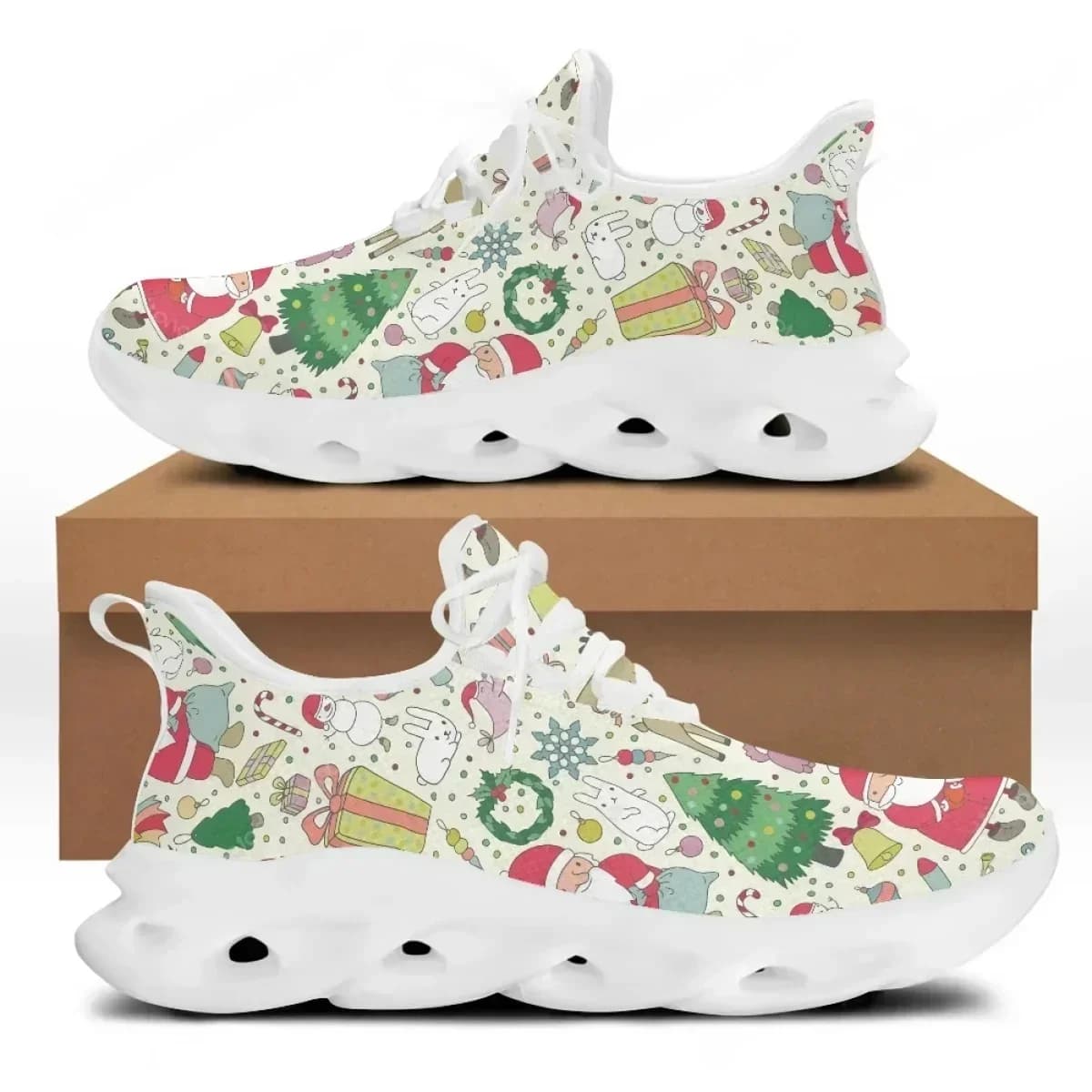 Scarpe da ginnastica da donna con design a pupazzo di neve natalizio, suola spessa, in rete, leggere, casual, per primavera ed estate