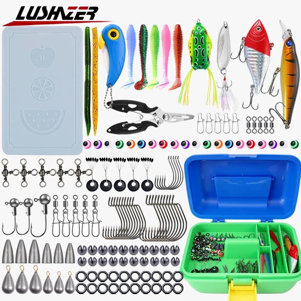 LUSHAZER 144 Piece Fishing Tackle Kit Lure Set Soft Lures Hard Baits Hooks Sinkers Swivels Pliers Tackle Box Bass Trout Pike