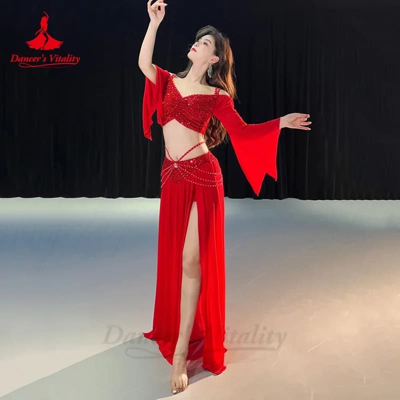 Set di costumi di danza del ventre per donna Top a maniche lunghe in rete + gonna lunga in garza Set da allenamento 2 pezzi Completo di danza del ventre orientale