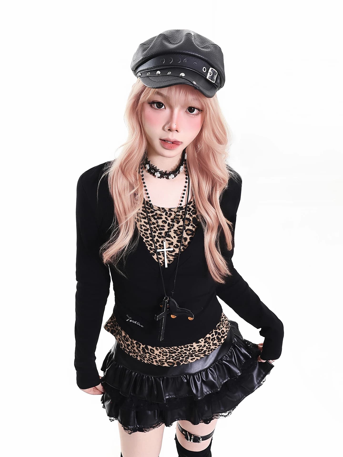 Slim Fit Leopard Print Long Sleeve T-Shirt Women's Spring Fashion Orange Marmalade Punk Style Splice Hot Girl Top Shirt