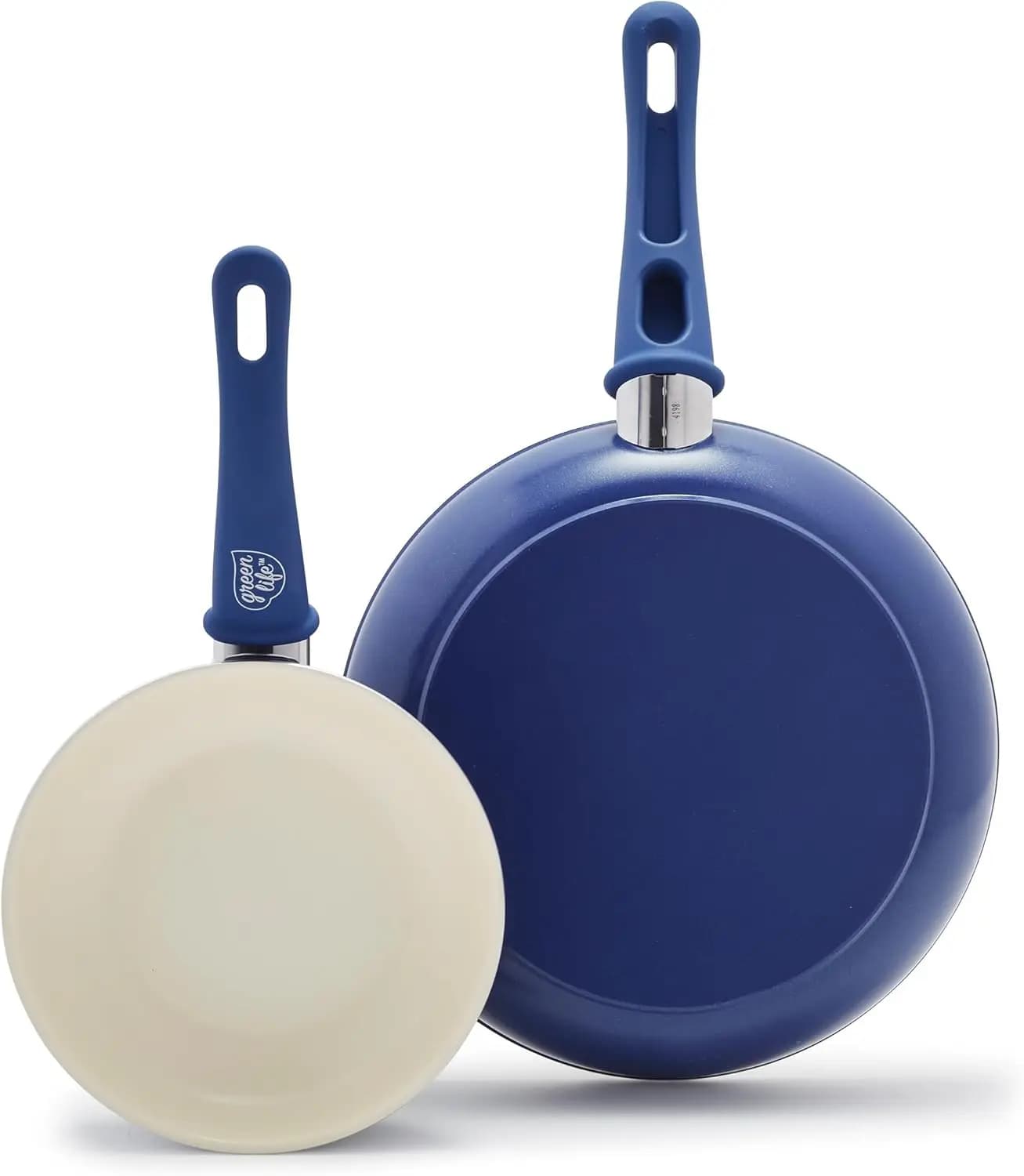 Set of non-toxic ceramic pans (7 and 10 inches), suitable for oven with anti-heat handles, Blue - Essential for kitchen