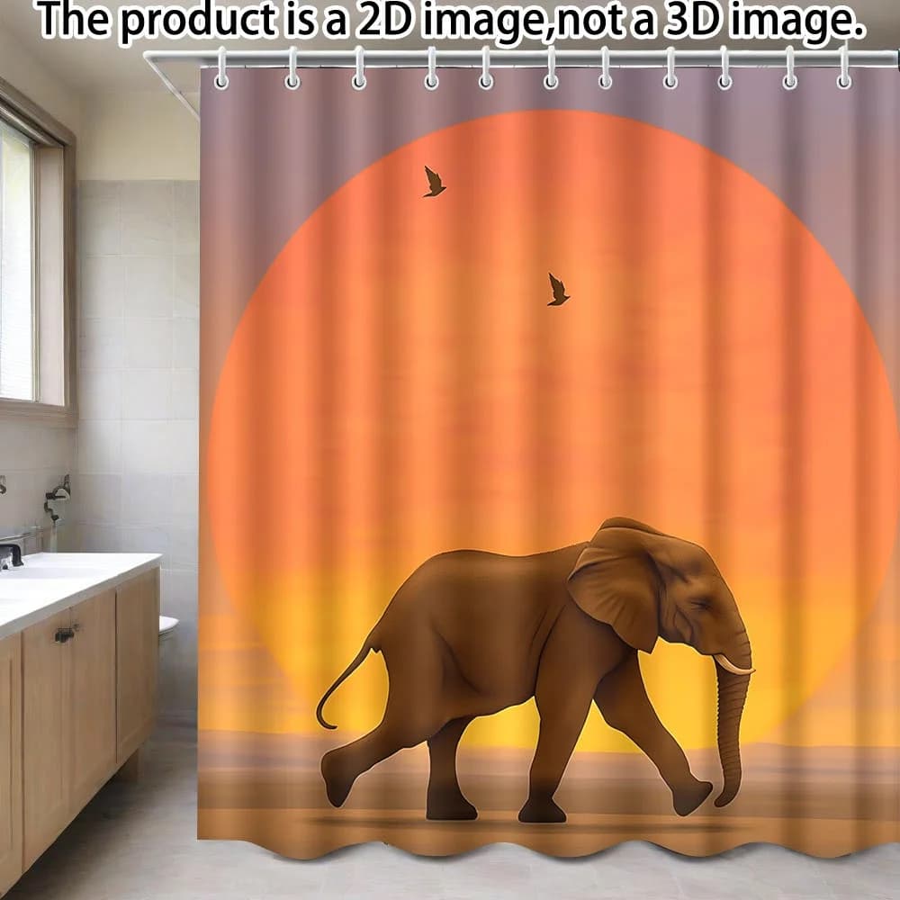 Tenda da doccia con elefante africano, stampa paesaggistica al tramonto, decorazione per il bagno con animali selvatici, tessuto con scenari naturali, design dai toni caldi