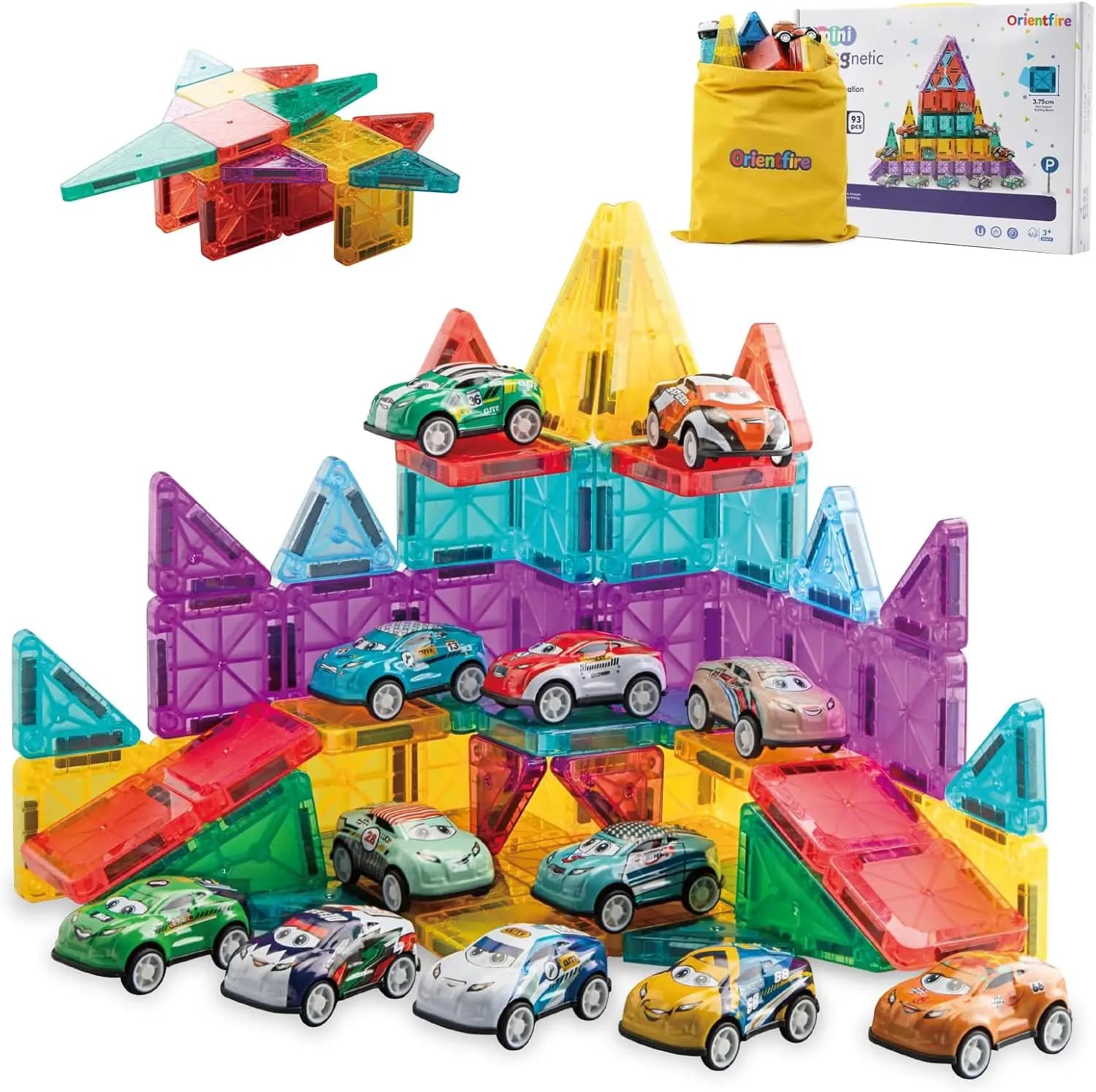 93 Pezzi di Piastrelle Magnetiche da Costruzione con Auto e Borsa Portaoggetti, Giocattoli Educativi STEM per Bambini dai 3 Anni in Su, Regalo Perfetto