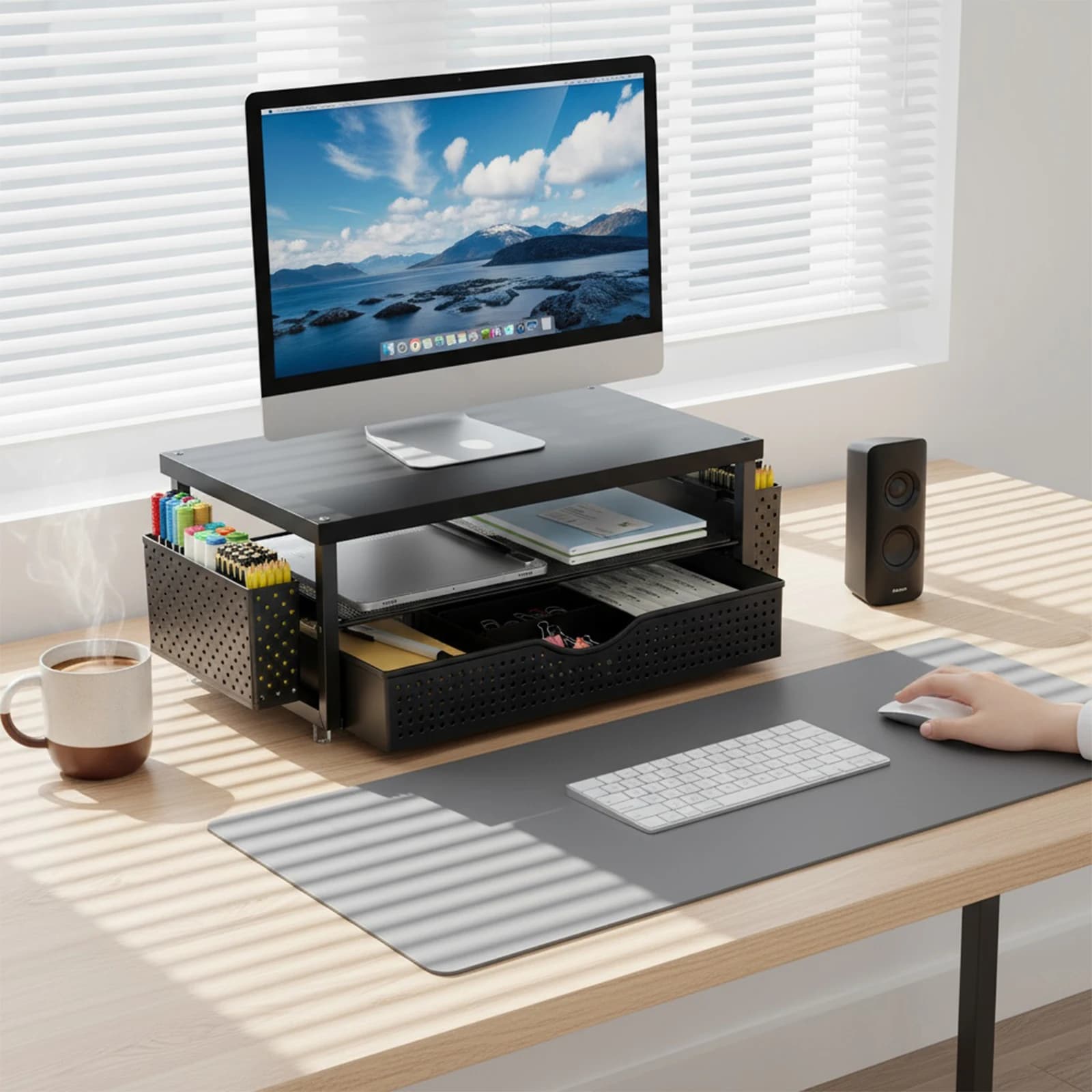 Supporto per Monitor a 2 Livelli con Cassetto e 2 Portapenne, Organizzatore da Scrivania, Rialzo per Monitor, Accessori per Ufficio