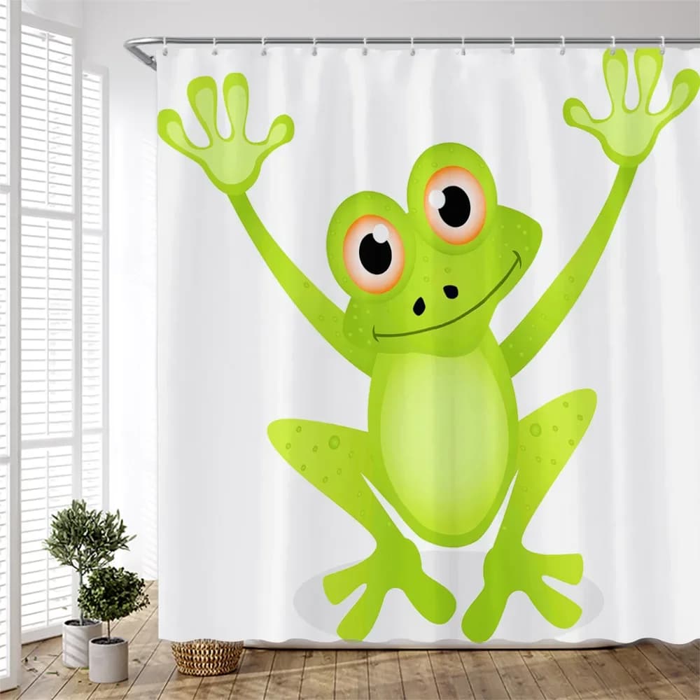 Tenda da doccia con rana verde felice cartone animato per bagno Tenda da bagno per bambini Decorazioni per la casa Paesaggio in tessuto lavato in poliestere