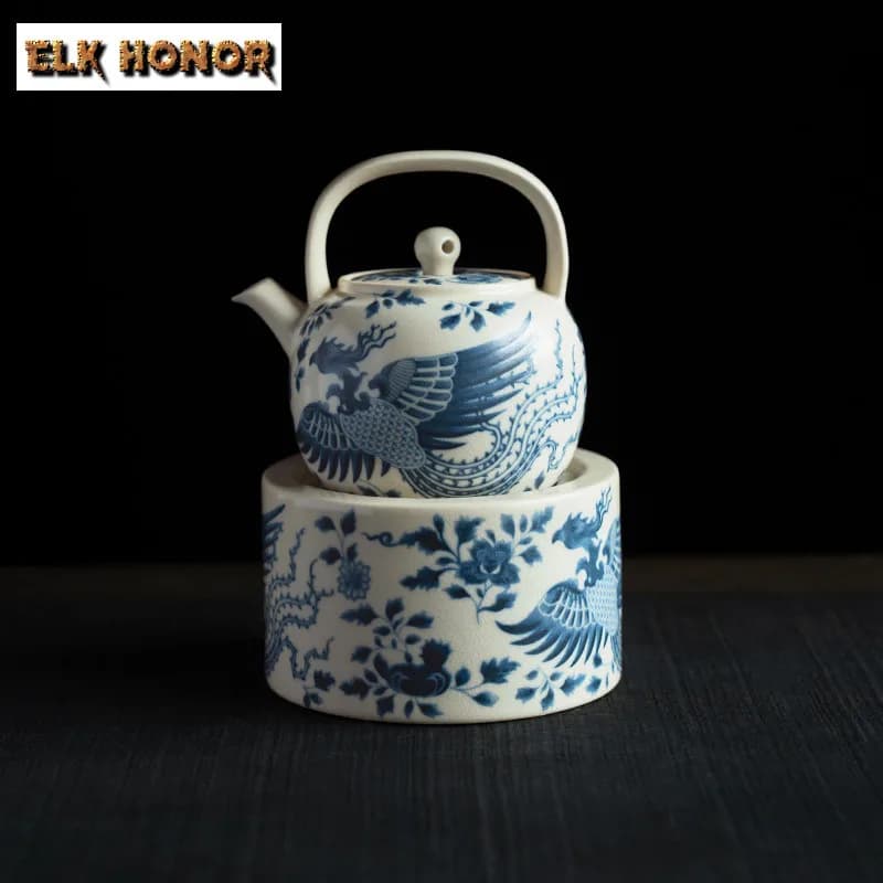 Soda smaltata blu e bianco Phoenix scaldatelaspiera portacandele stufa bollitore supporto acqua bollente forno al carbonio teaware artigianale