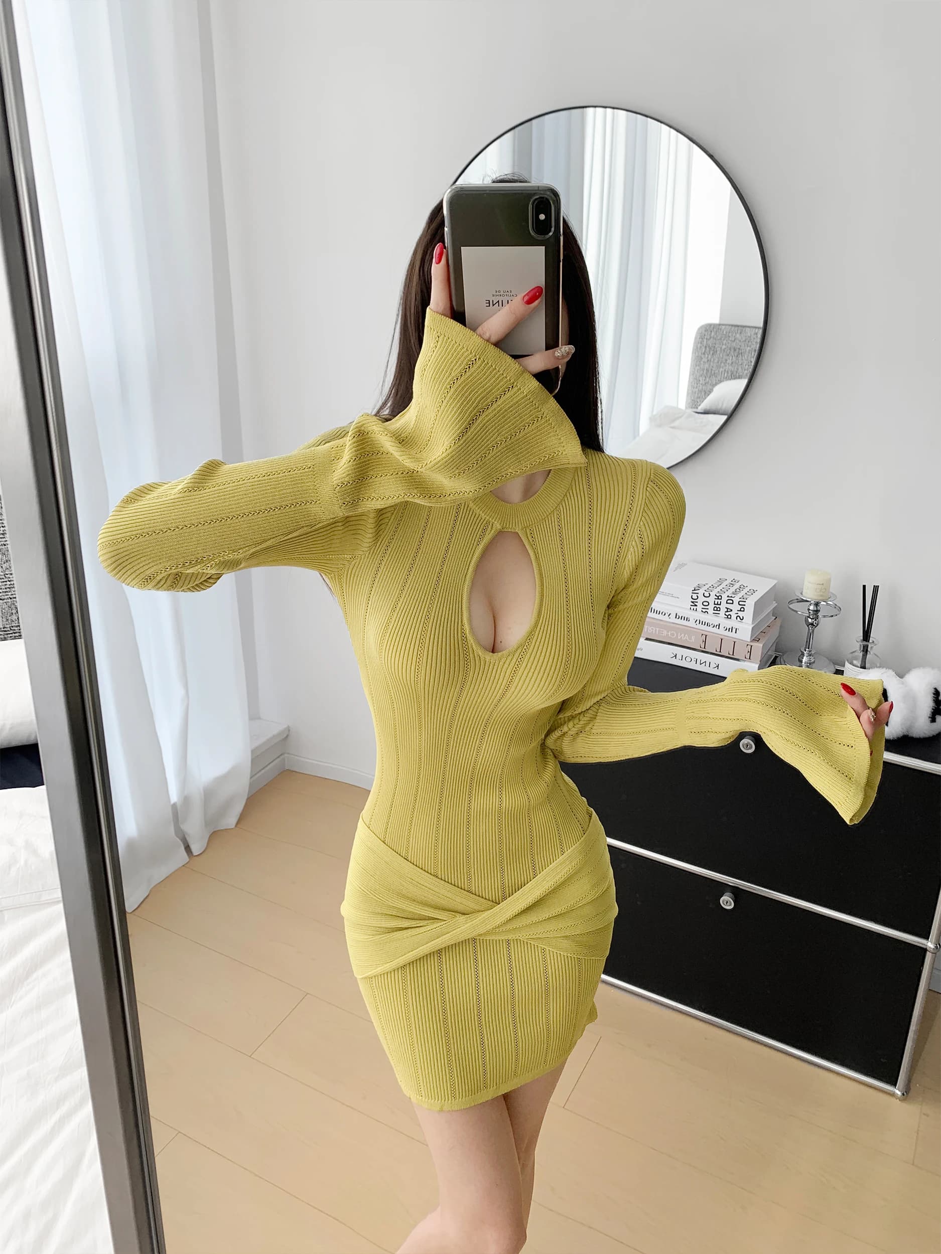 Pure Desire Hollow out Design Slim Fit Knitted Dress with Bell Sleeves Long Sleeve Twist Wrap Short Skirt Women's Fashion