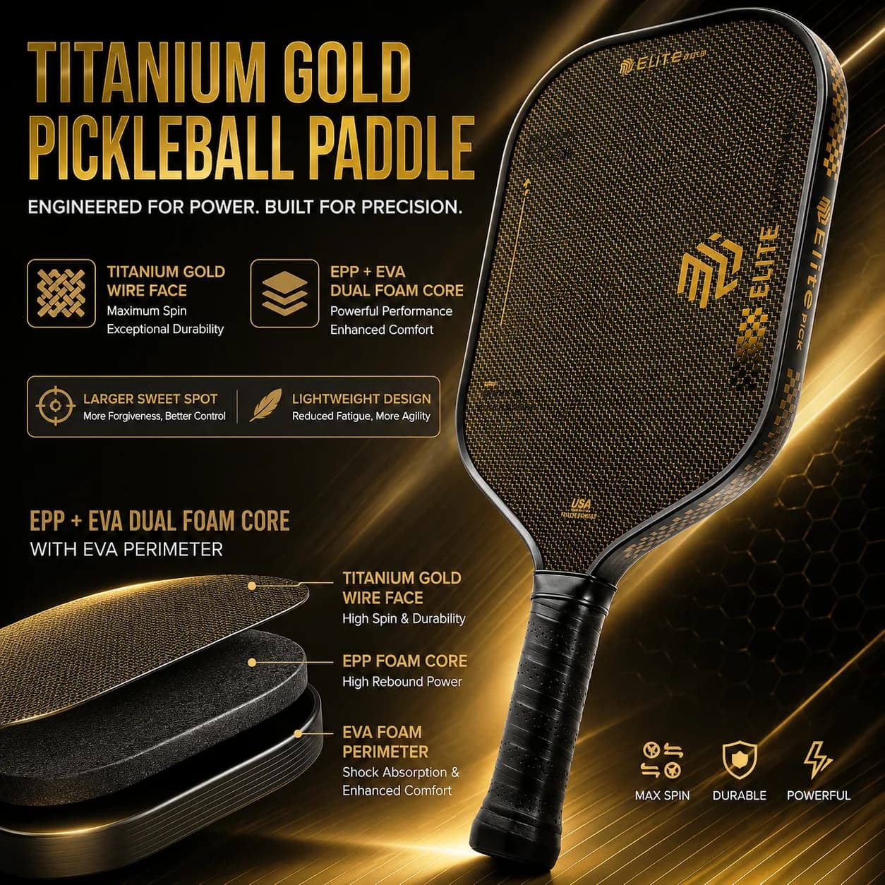 ELITE PICK Titanium Wire Carbon Fiber Pickleball Paddle, EPP EVA DUAL FOAM CORE, Rough Fabric-Textured Racket Face