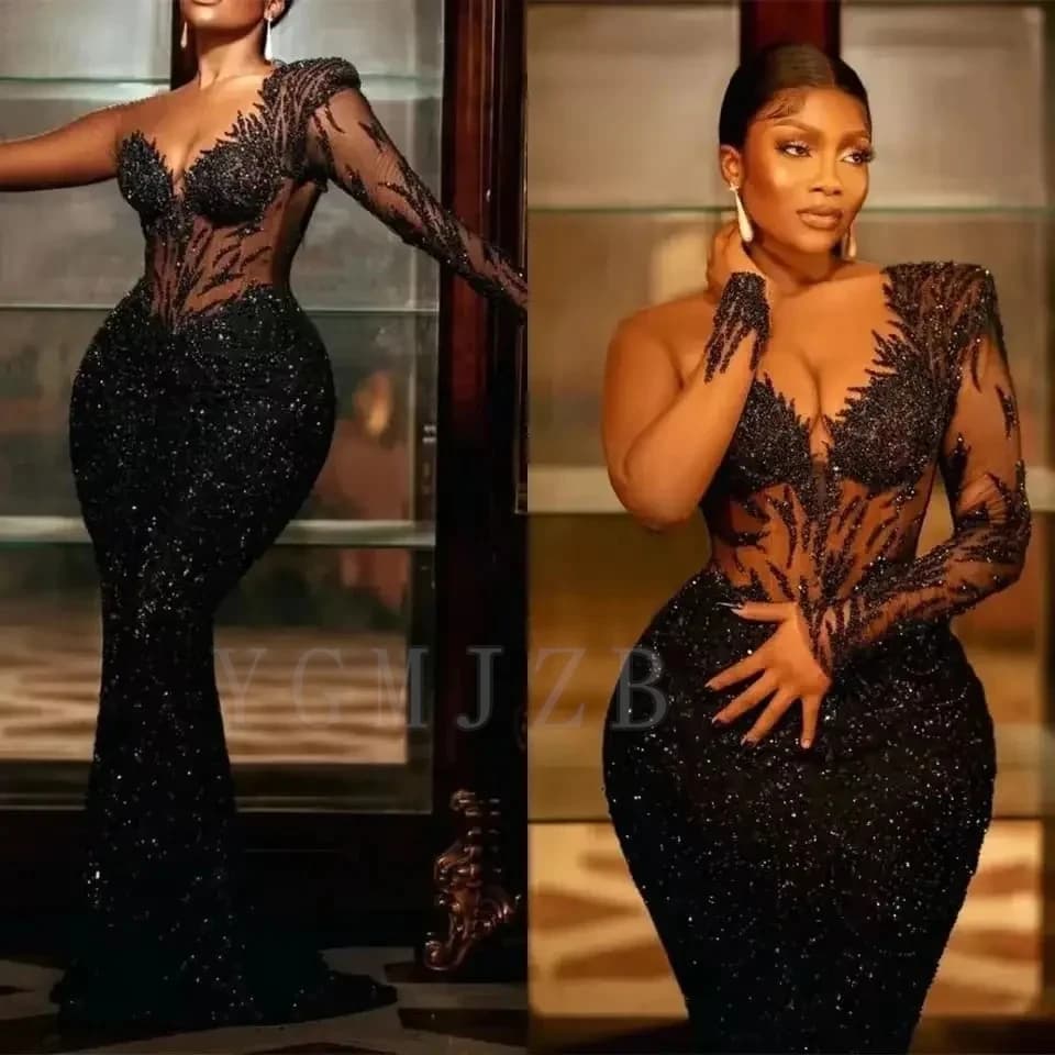 Abiti da ballo neri a maniche lunghe Abiti da sera formali da donna africani con perline glitterate di lusso per matrimoni personalizzati