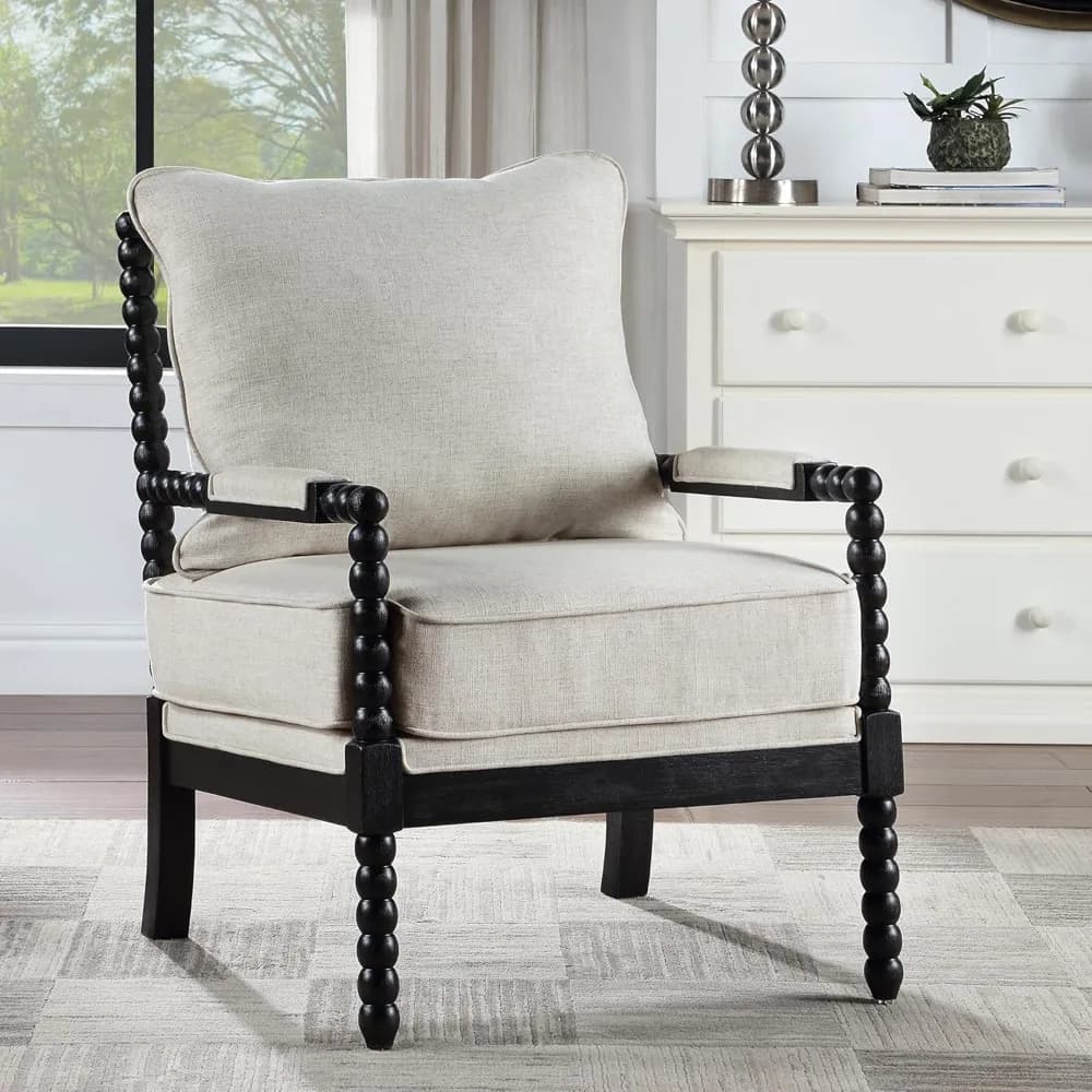 Spindle style chair in linen fabric with wooden frame, barrel chair with high resilience spring cushion and armrests