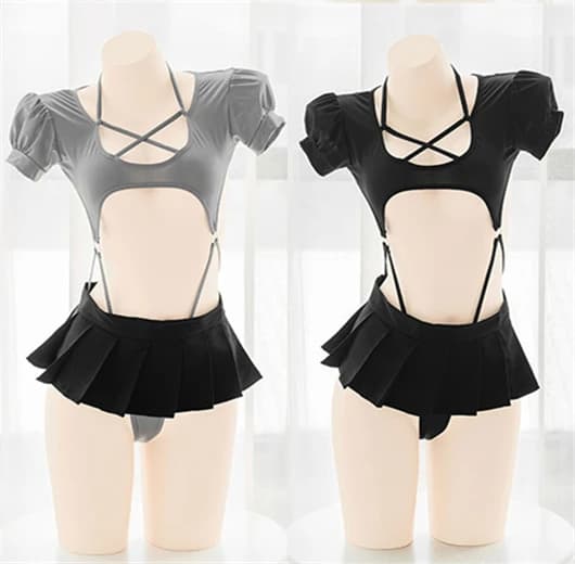 Costume da bagno intero nero con maniche a sbuffo per studenti anime Cinghie incrociate Body Mini gonna a pieghe Costumi da bagno Uniforme Festa in piscina Cosplay