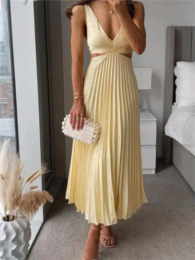 Elegant V-Neck Sleeveless Hollow out Back Pleated Summer New Style Women's Dress High Waist Cotton Linen H-Style Midi Dress