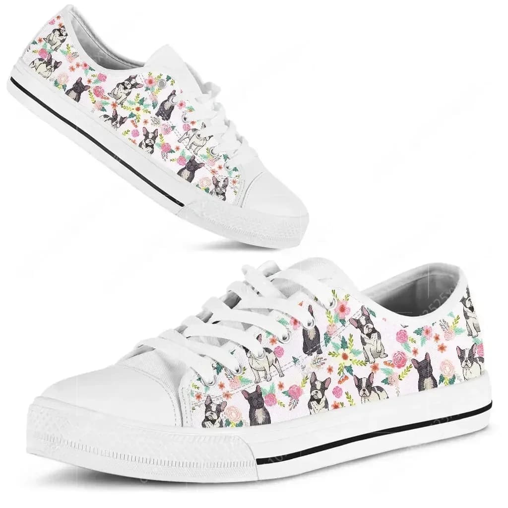 French Bulldog Floral Low Top Sneakers Mens Womens Teenager High Quality Canvas Sneaker Couple Shoes Custom Personalized Shoe