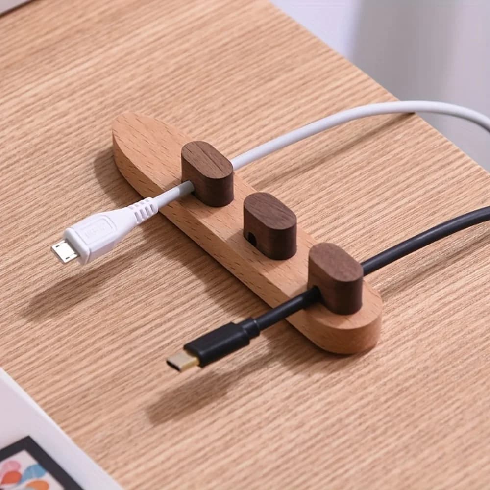 Organizzatore di Cavi in Legno Adesivo, Supporto per Cavi Senza Foratura per Scrivania, Clip Anti-Groviglio per Cavi USB in Legno Massello