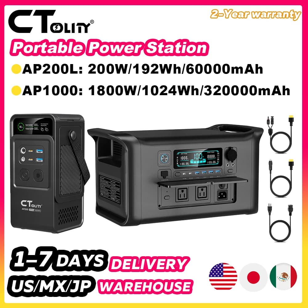 CTOLITY 1800W Camping Solar Generator 110V 1024Wh Portable Power Station LiFePO4 Battery 200W 192Wh Power Bank Home Backup Power Supply Emergency Battery Ideal for Off-grid Living