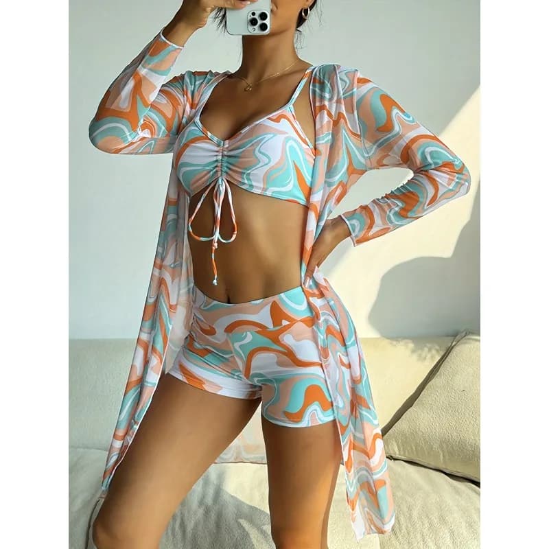 Set bikini a tre pezzi stampato con coulisse, elegante costume da bagno a vita alta con blusa in tulle a maniche lunghe e camicia kimono