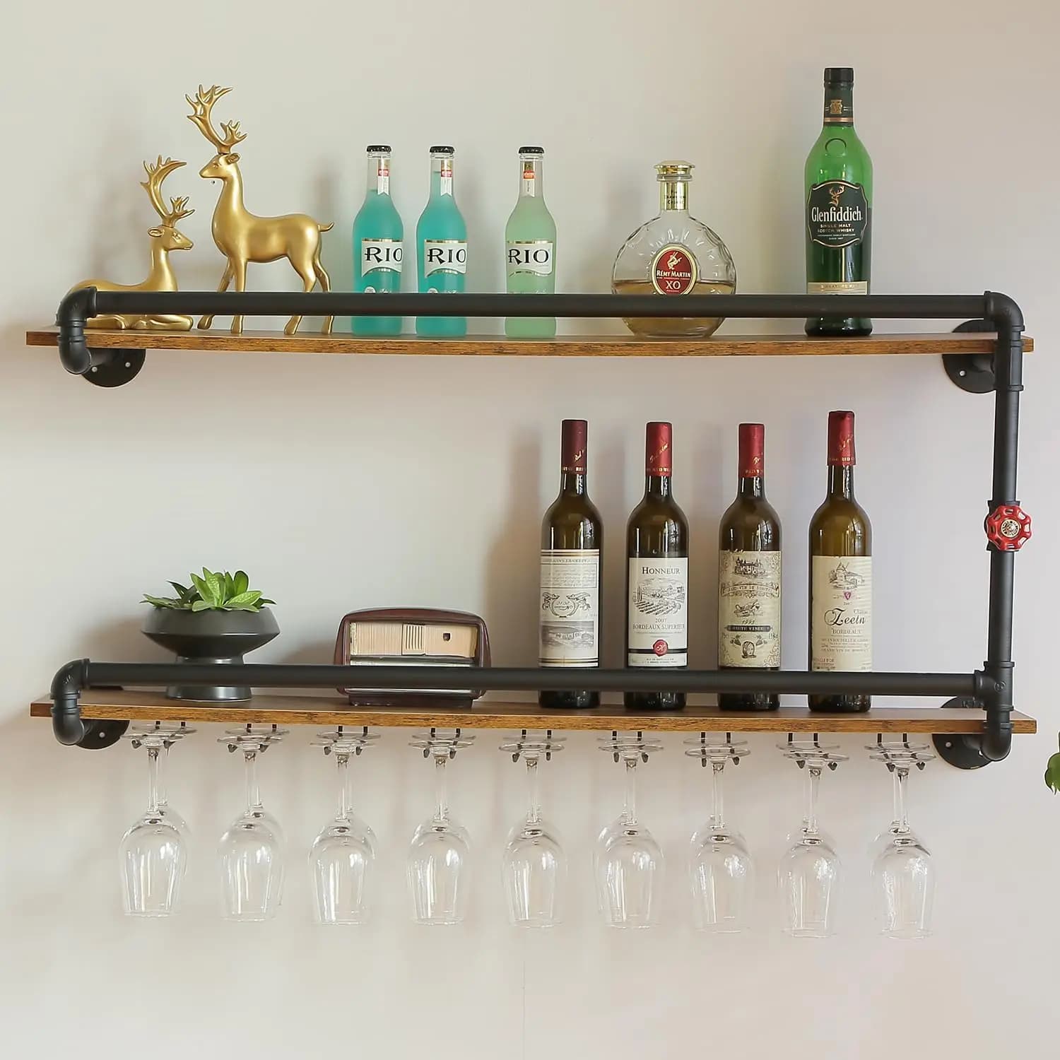 Portabottiglie da Parete da 41 Pollici con Portabicchieri, Scaffali a 2 Livelli in Stile Industriale Rustico per Arredamento Cucina, Nero