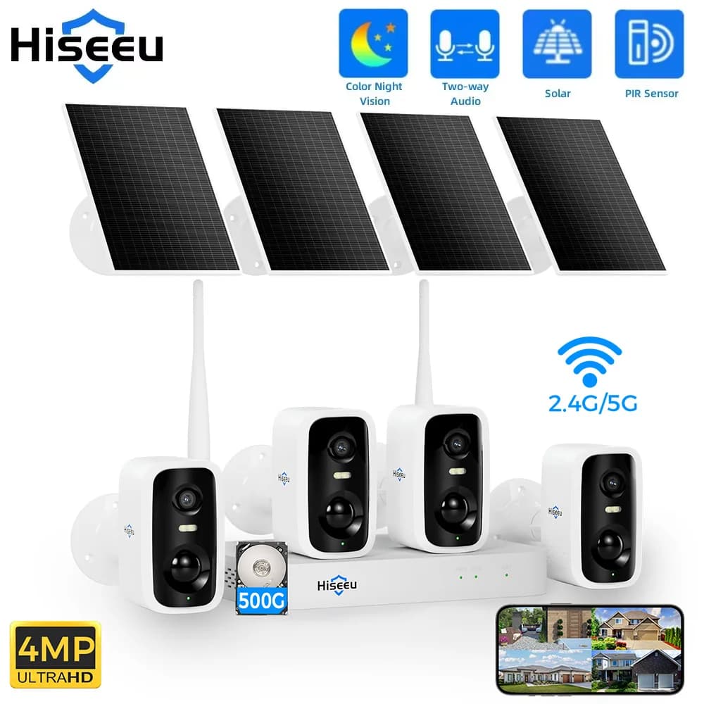 Hiseeu 10CH NVR 4MP WiFi Solar IP Camera Security System Kit Night Vision Human Detection P2P Two-way Audio CCTV Camera Set