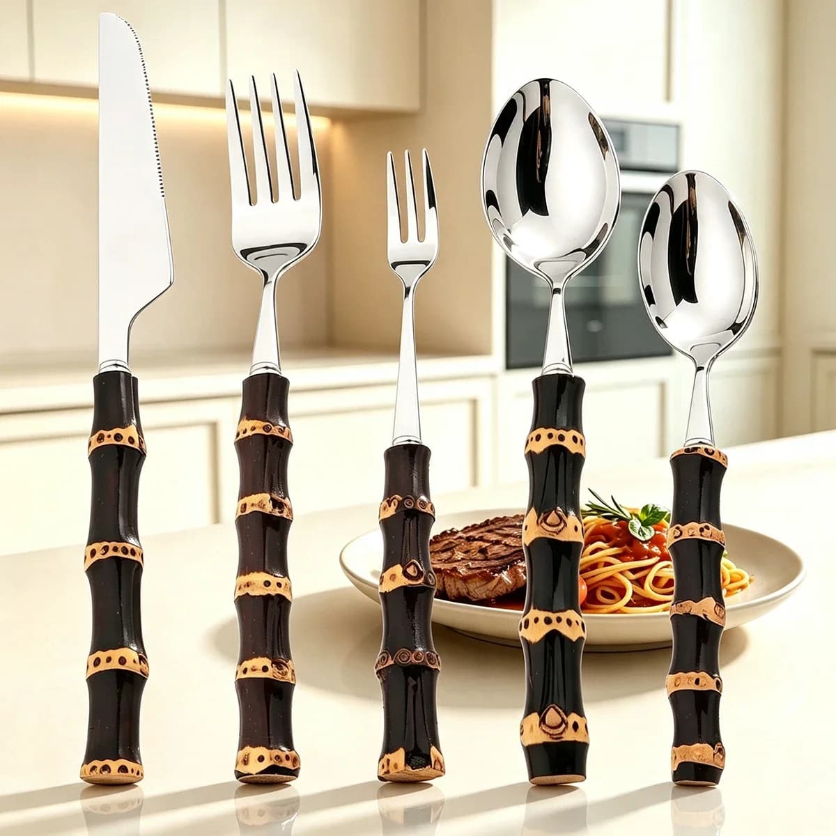 5pcs Bamboo Handle Dinnerware Set Western Mirror Cutlery Set Stainless Steel Knife Fork Spoon Tableware Kitchen Party Flatware