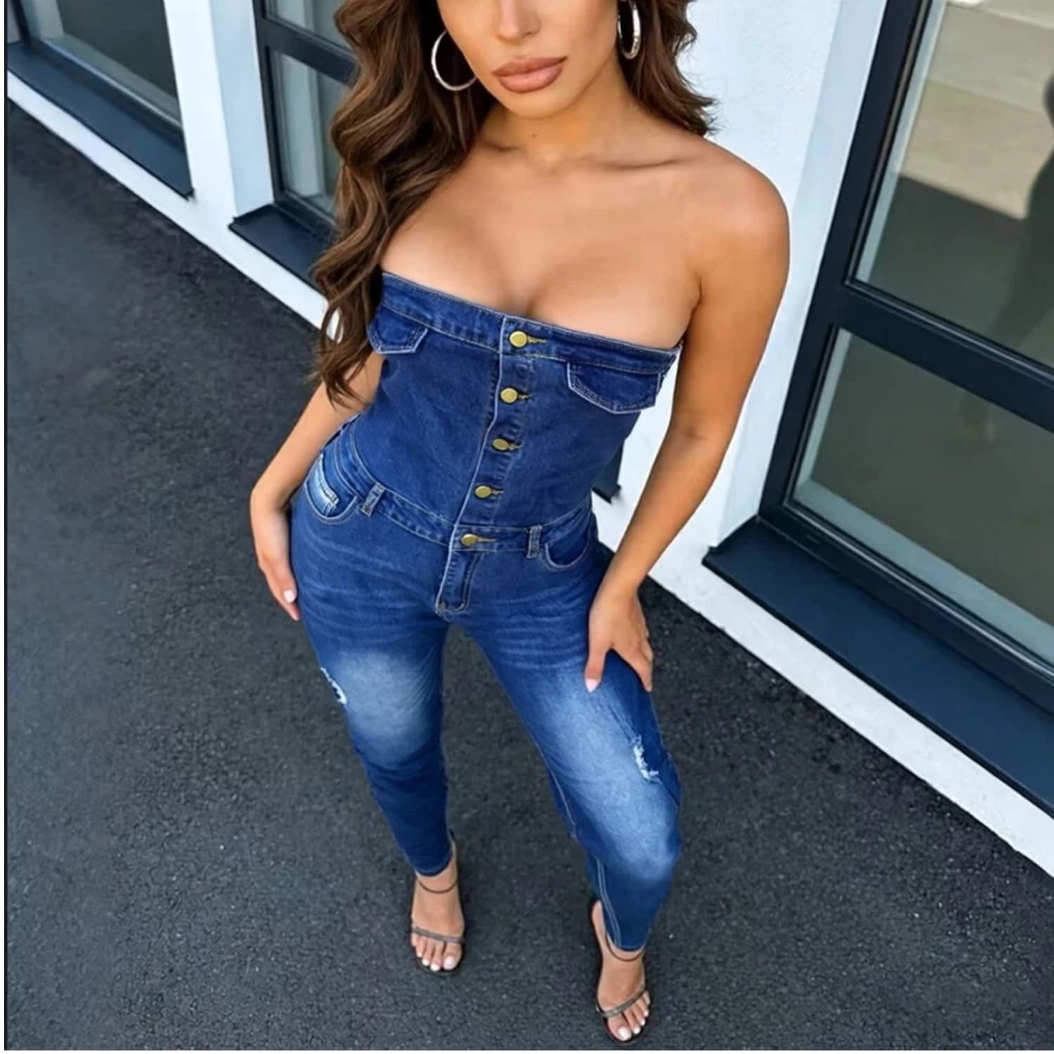 Tuta intera in denim da donna stile vintage aderente con spalle scoperte