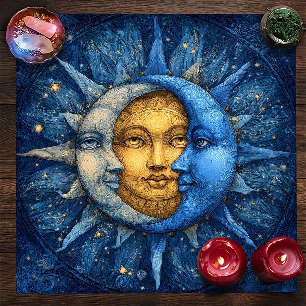 Tappetino per divinazione in tessuto per tarocchi con faccia di sole e luna con tovaglia per altare con stampa di stelle celeste per carte dei tarocchi Accessorio rituale oracolo