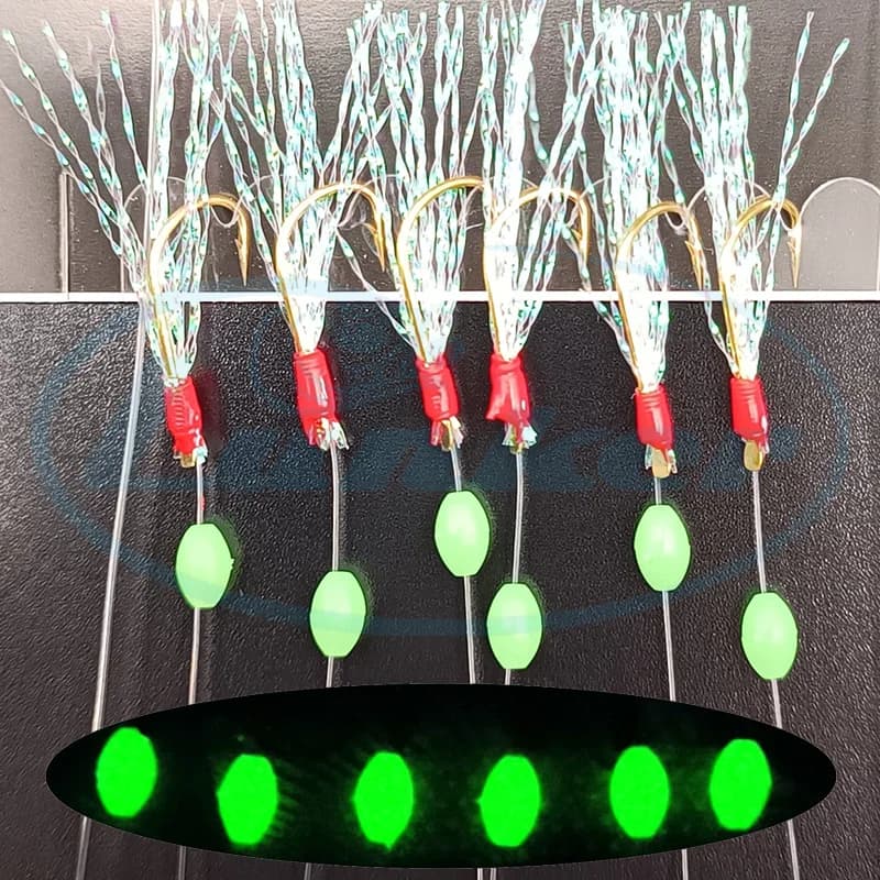 Lunker sabiki rigs ganci in acciaio ad alto tenore di carbonio attrezzatura da pesca in acqua salata perline luminose brillanti tinsel Pesca